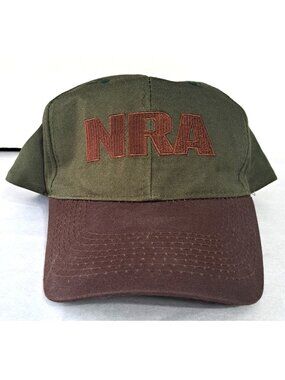 Vintage NRA Brown & Army Green 6 Panel Hook Loop Strap Ball Cap Hat